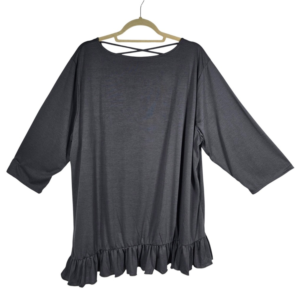Forgotten Grace Charcoal Gray Ruffle Hem Tunic Top 3X Crisscross Back 7305X